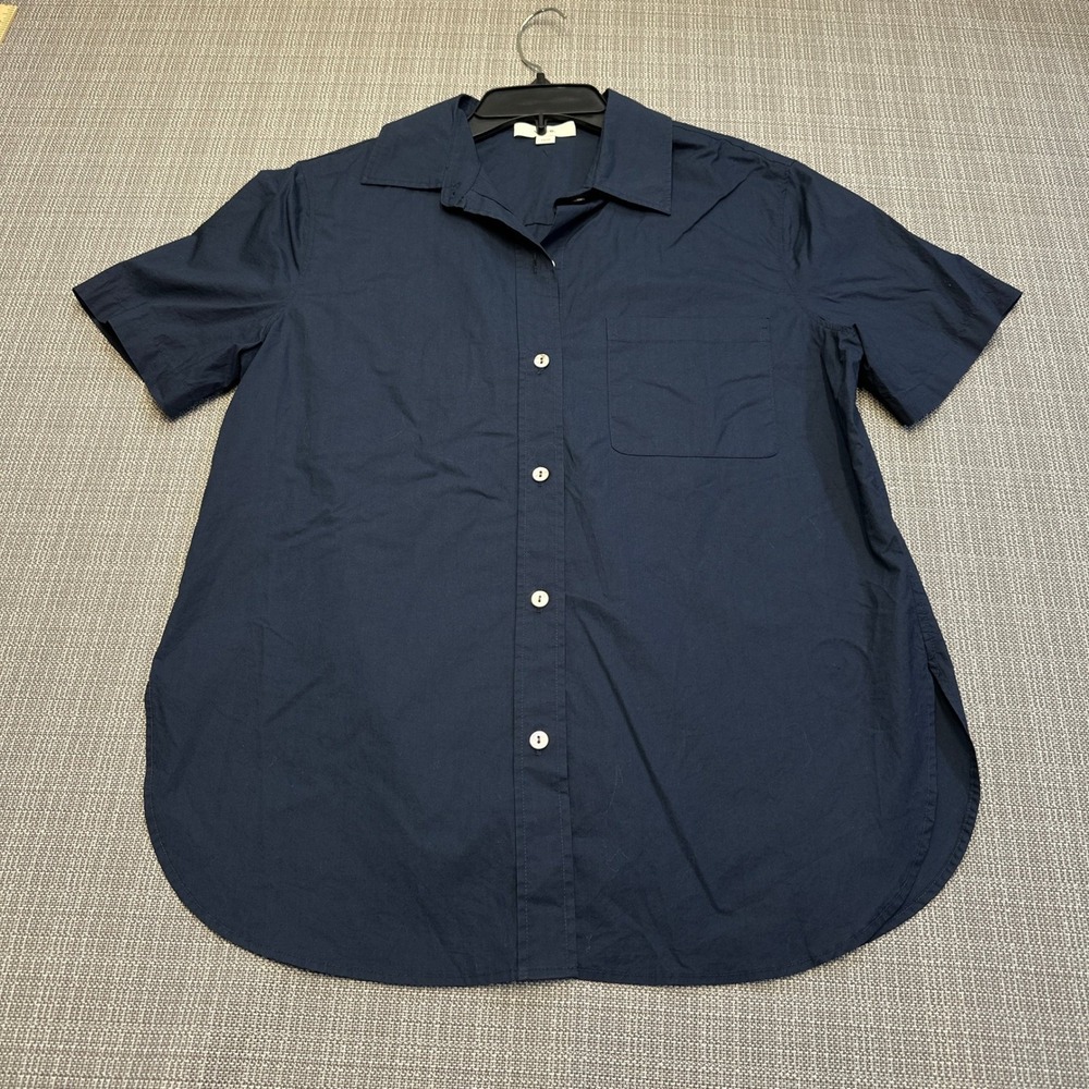 Vince Navy Button Up Shirt Womens XS Oversized Minimalist Cotton Short Sleeve‎